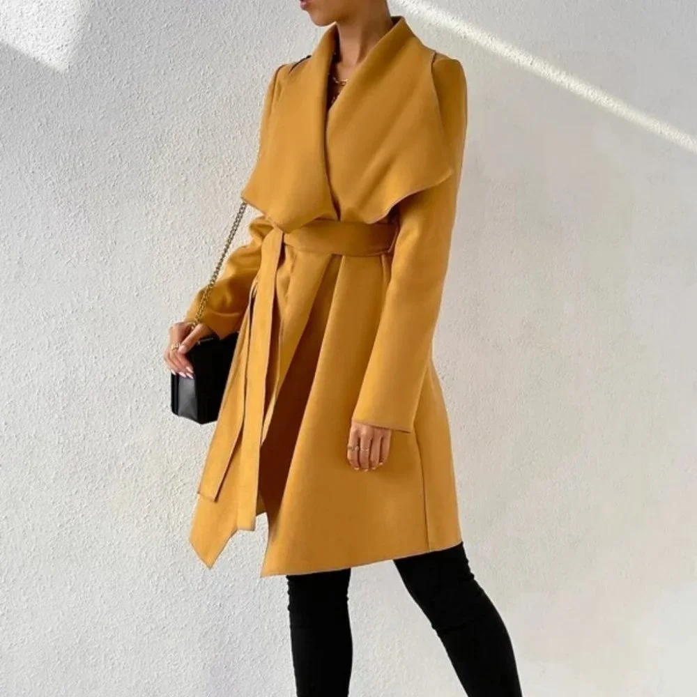 Belted Waterfall Collar Trench Overcoat Coat Jacket - Picture 6 of 6